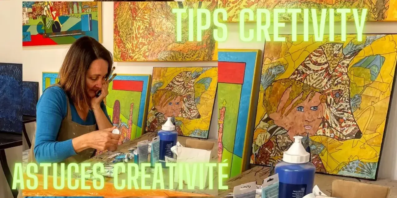 Une artiste partage ses astuces créativité dans son atelier, entourée de ses œuvres colorées.
