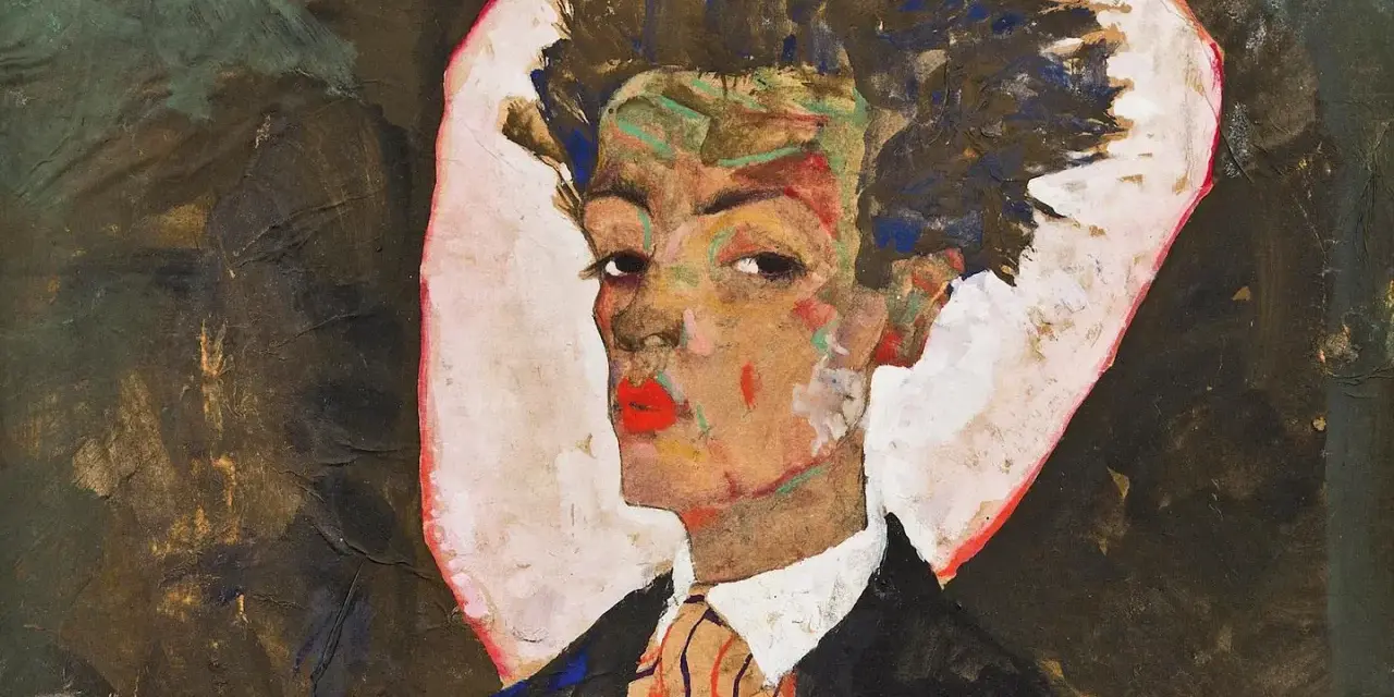 Portrait expressif d'un homme aux cheveux ébouriffés, par le peintre Schiele. Son visage est marqué par des couleurs vives et une touche de rouge à lèvres.