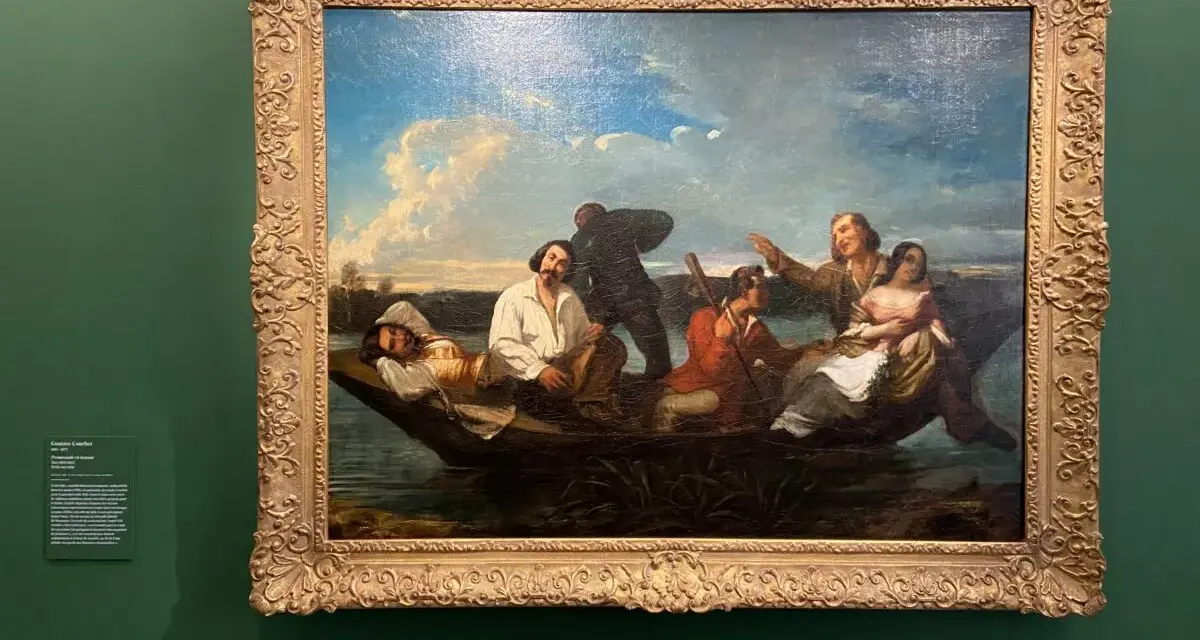 Gustave Courbet dépeint des voyageurs sur une barque, sous un ciel nuageux. L'un d'eux semble endormi, tandis que les autres conversent.