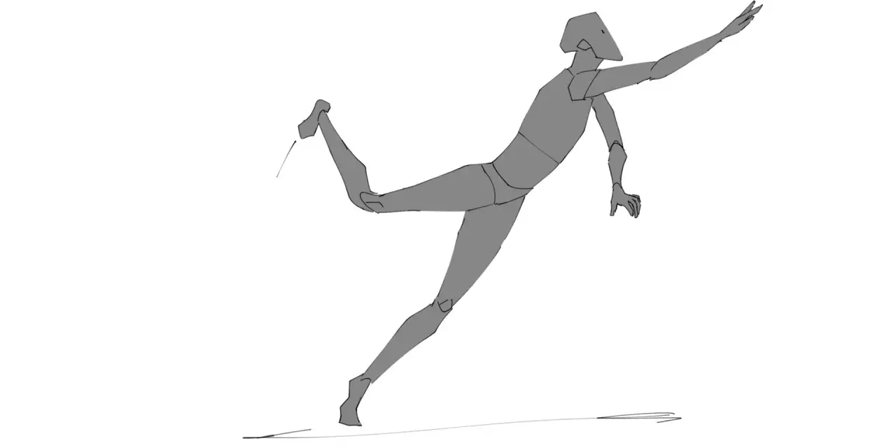 Esquisse d'une silhouette grise en mouvement, bras tendus, jambe levée, parfait pour un dessin à faire sur une toile.
