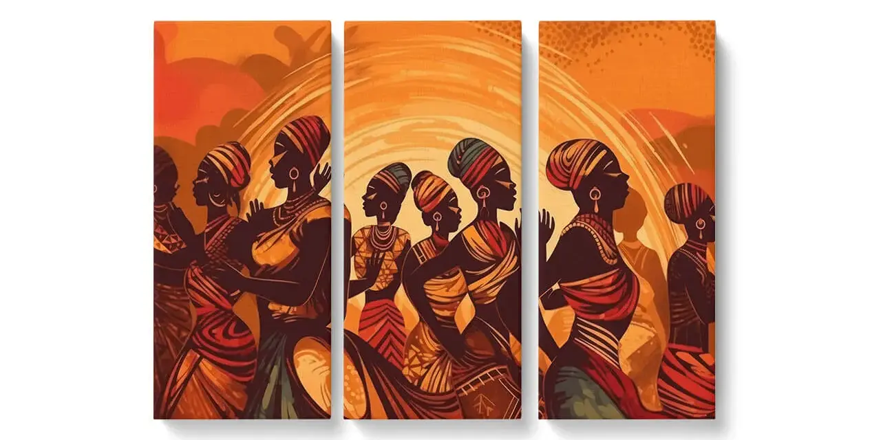 Ce tableau ethnique représente des femmes africaines stylisées dans des tenues colorées, dansant sous un soleil rayonnant.