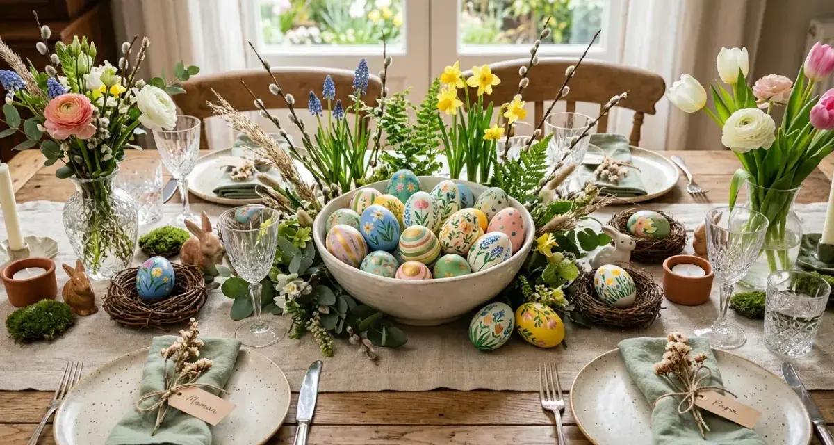 Décoration œuf de Pâques peinture : table dressée avec des œufs peints à la main, fleurs printanières et lapins en céramique.