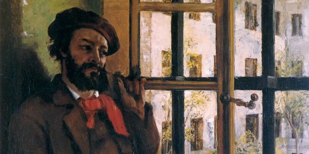 Un homme à la barbe noire, portant un béret et une écharpe rouge, fume une pipe près d'une fenêtre. Une peinture réaliste moderne.