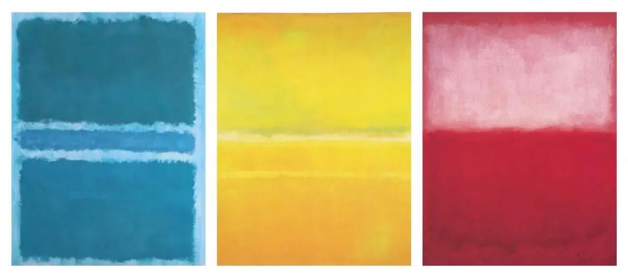 Trois toiles du peintre Rothko : bleu profond avec des bandes claires, jaune lumineux, et rouge intense avec une zone blanche diffuse.