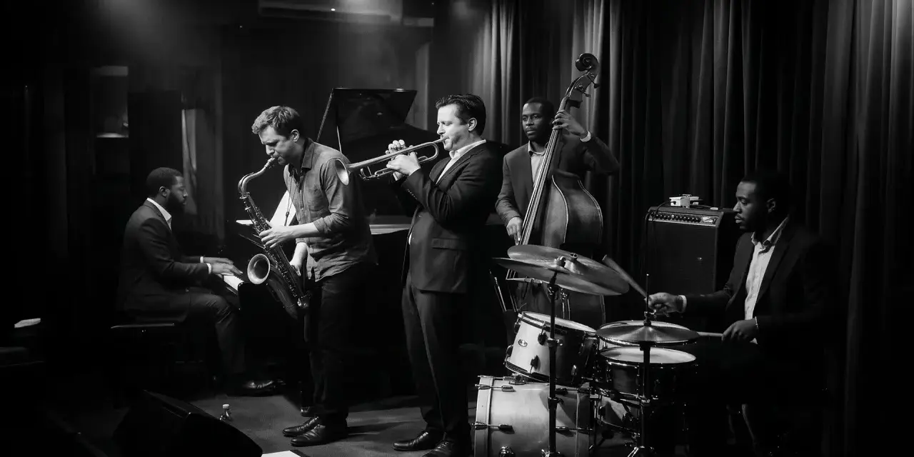 Un tableau musique noir et blanc d'un groupe de jazz jouant dans un club sombre. Un pianiste, un saxophoniste, un trompettiste, un contrebassiste et un batteur sont présents.