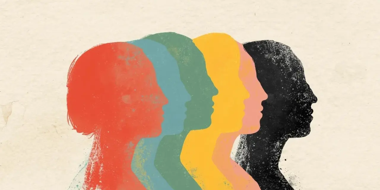 Un tableau contemporain abstrait de silhouettes de visages colorés, alignées et se superposant, évoquant la diversité et l'unité.