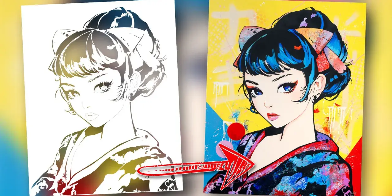 Une peinture japonaise vibrante d'une jeune femme aux yeux bleus intenses et aux cheveux noirs ornés d'un ruban coloré.