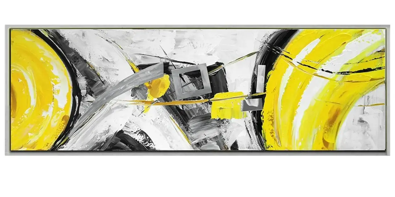 Tableau abstrait jaune moutarde et gris, avec des formes dynamiques et des coups de pinceau audacieux.