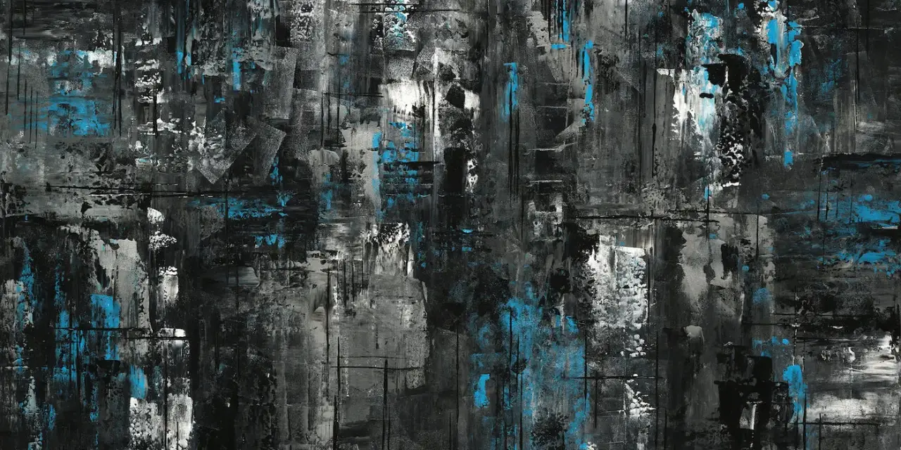 Tableau abstrait noir et bleu avec des textures et des coups de pinceau visibles.