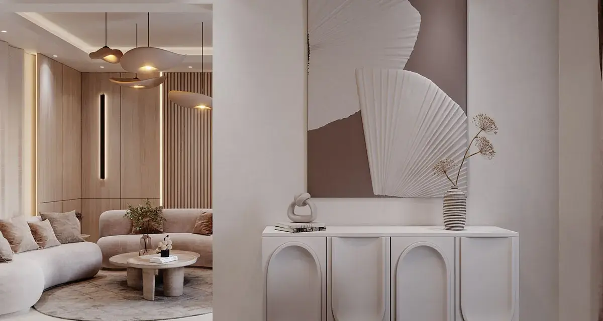 Un tableau marron beige abstrait orne un mur au-dessus d'un buffet moderne. Le salon adjacent est baigné de lumière douce.