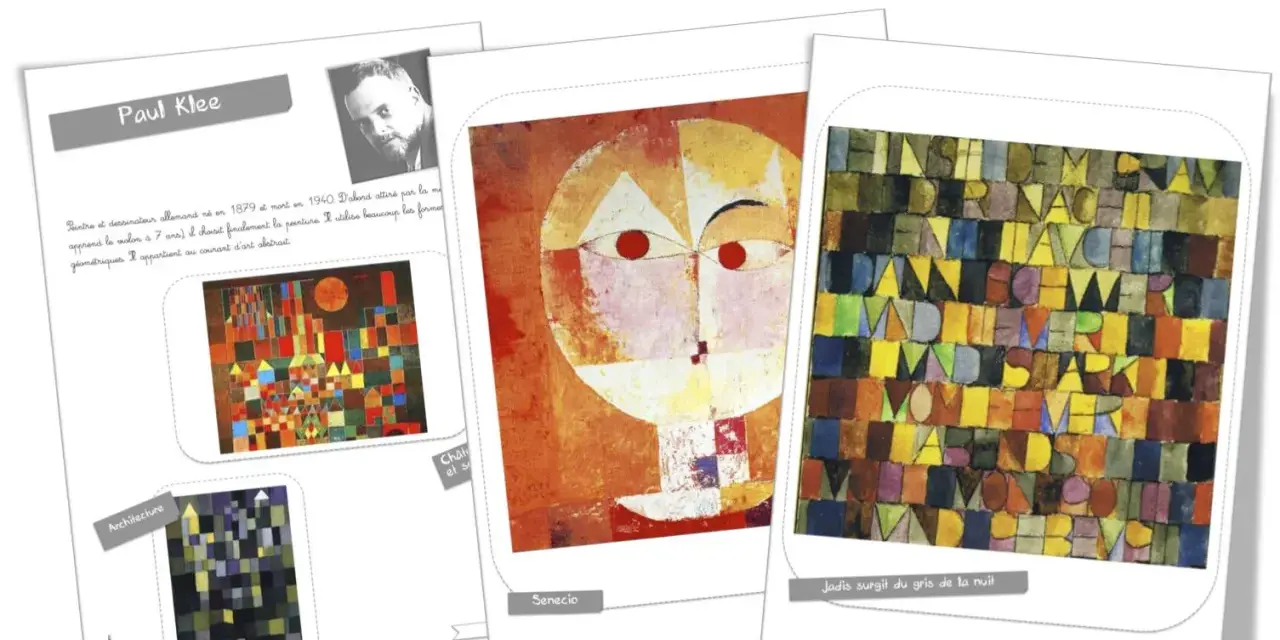 Fiche artiste Paul KLEE présentant des œuvres abstraites et géométriques, dont "Senecio" et "Jadis surgit du gris de la nuit".