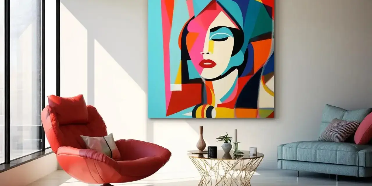 Un tableau vertical abstrait aux couleurs vives représente un visage féminin stylisé. Une chaise rouge audacieuse complète la scène.