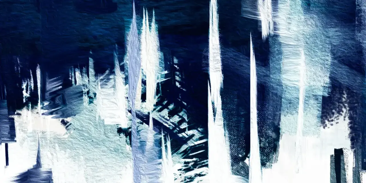 Tableau bleu et blanc évoquant des stalactites ou des gratte-ciel abstraits, avec des coups de pinceau texturés et dynamiques.