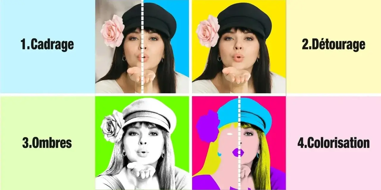 Portrait d'une femme soufflant un baiser, décliné à la manière d'Andy Warhol en quatre étapes : cadrage, détourage, ombres et colorisation pop.