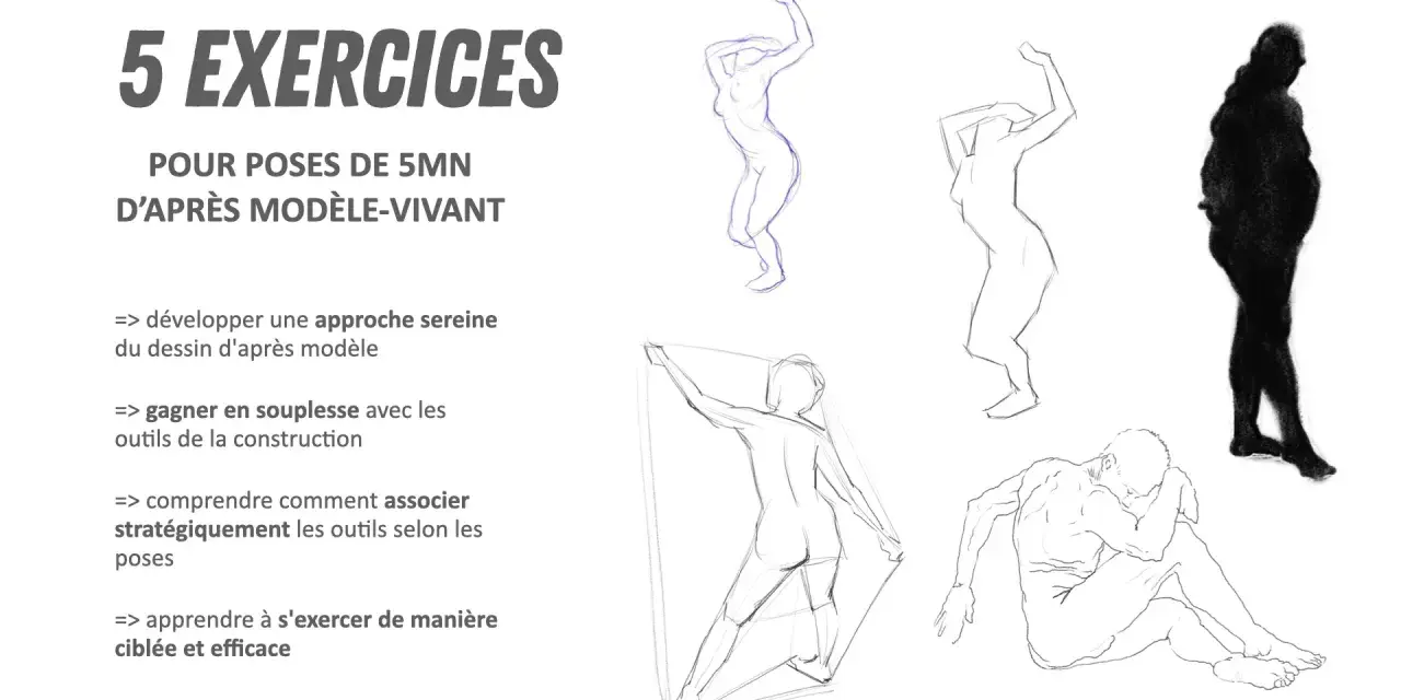 5 exercices pour poses de 5 minutes d'après modèles vivants. Croquis de corps humains en mouvement et au repos, pour améliorer la technique.