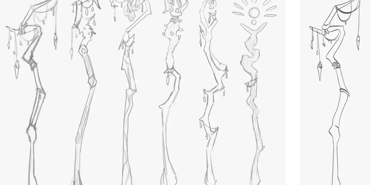 Divers croquis de bâtons magiques, certains ornés de crânes et de pendentifs, d'autres avec des formes organiques ou solaires. L'artiste explore différentes idées pour faire des croquis.