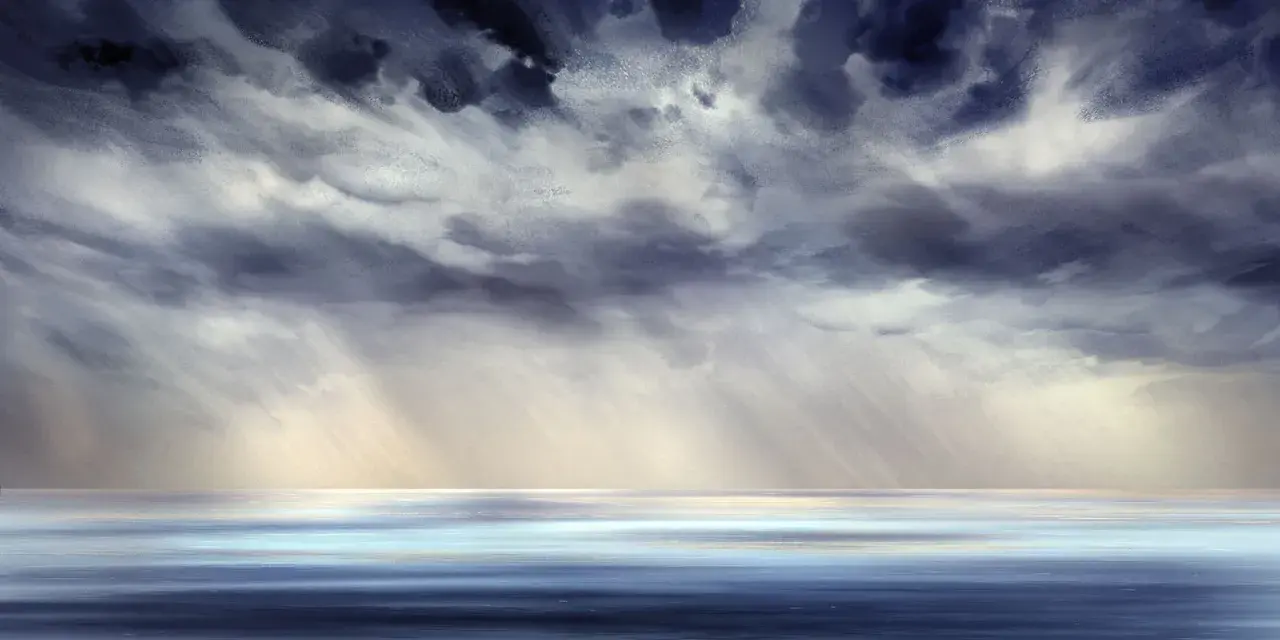 Peindre un ciel d'orage à l'acrylique. Nuages sombres et lumineux, rayons de soleil perçant, sur une mer calme aux reflets bleus et blancs.