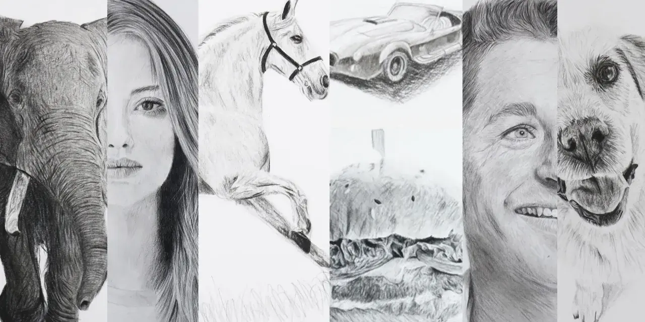 Un collage de dessins réalistes : un éléphant, une femme, un cheval, une voiture, un hamburger, un homme et un chien.
