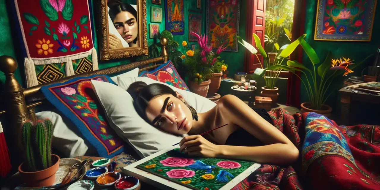 Un autoportrait de Frida Kahlo, peignant des fleurs et des oiseaux dans une chambre vibrante et colorée, inspirée de son style.