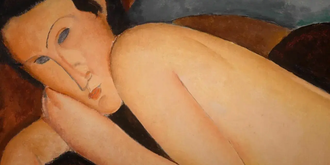 Modigliani peinture : un portrait de femme aux traits allongés, la tête appuyée sur son bras, dans une pose languide.
