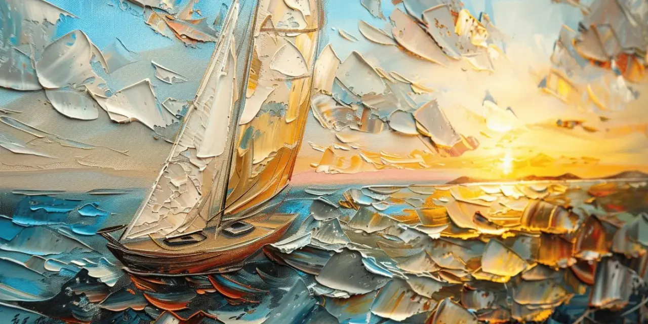 Un tableau voilier contemporain, texture épaisse, naviguant sur une mer agitée sous un ciel lumineux au coucher du soleil.