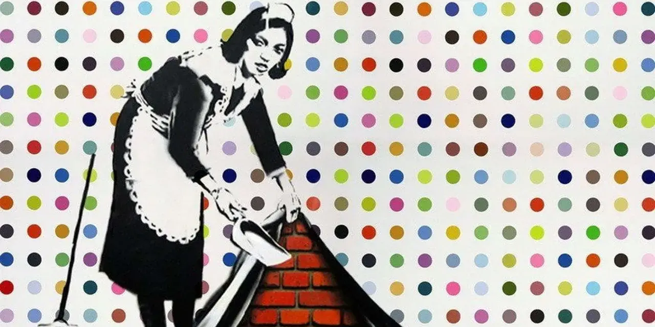 Une femme de ménage, dans le style technique Banksy, soulève un tapis à pois colorés pour révéler un mur de briques.