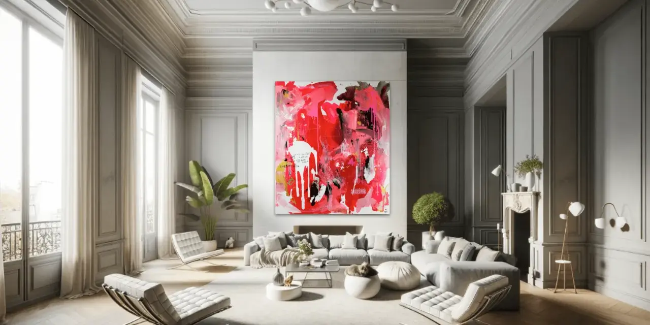 Un salon moderne avec un grand tableau panoramique abstrait aux couleurs vives, des meubles design et de grandes fenêtres.
