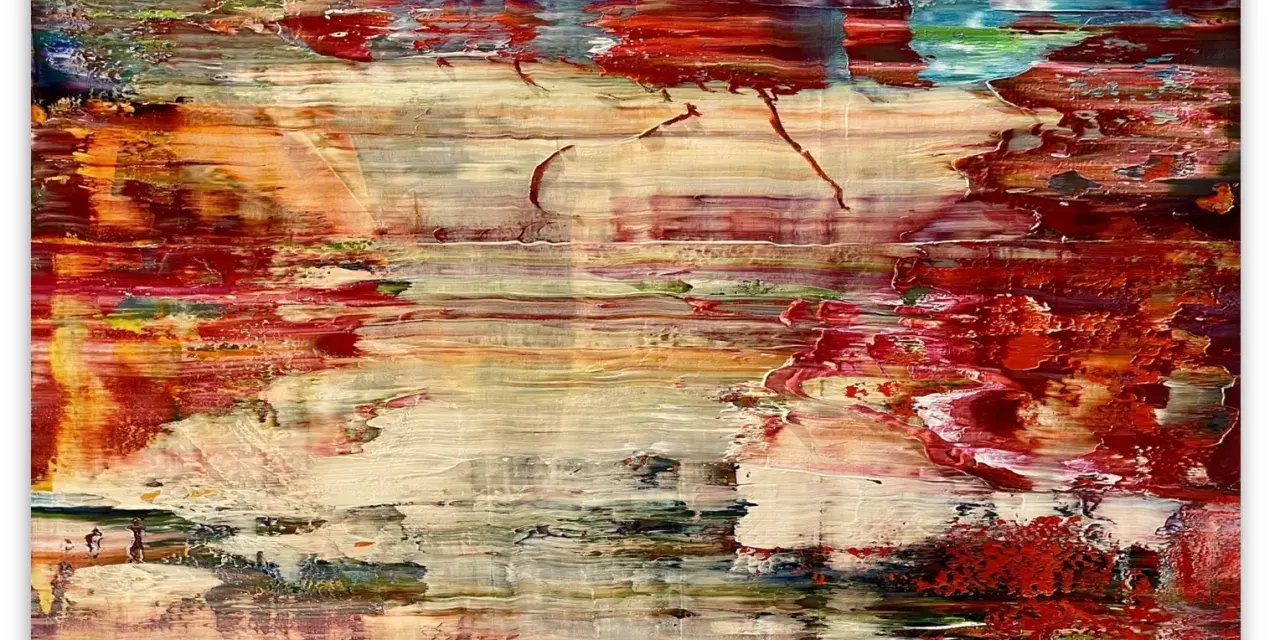 Tableau abstrait évoquant la création du monde, avec des touches de rouge, d'orange et de blanc, rappelant un paysage onirique.