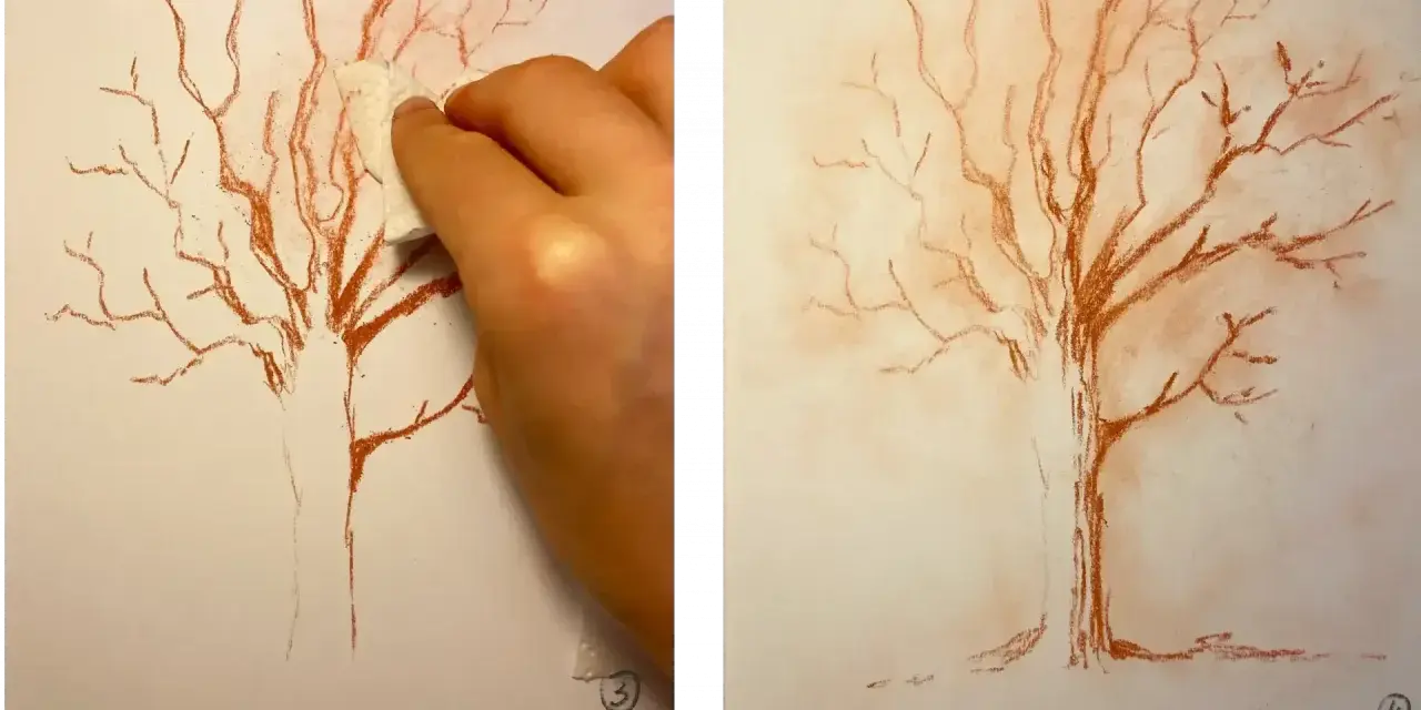 Main gauche estompant un dessin de sanguine d'un arbre nu, créant un effet doux. Un dessin sanguine facile pour un rendu artistique.