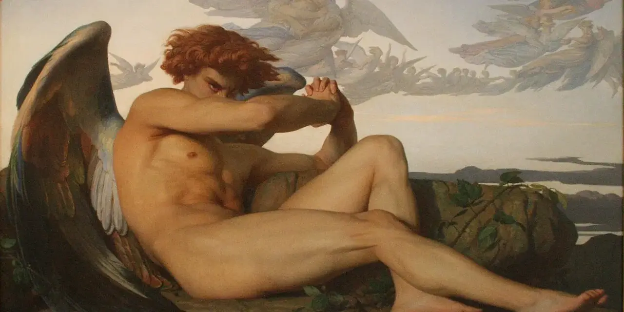 L'ange déchu de Cabanel, un être ailé aux cheveux roux, contemple son exil tandis que d'autres anges s'envolent au loin.