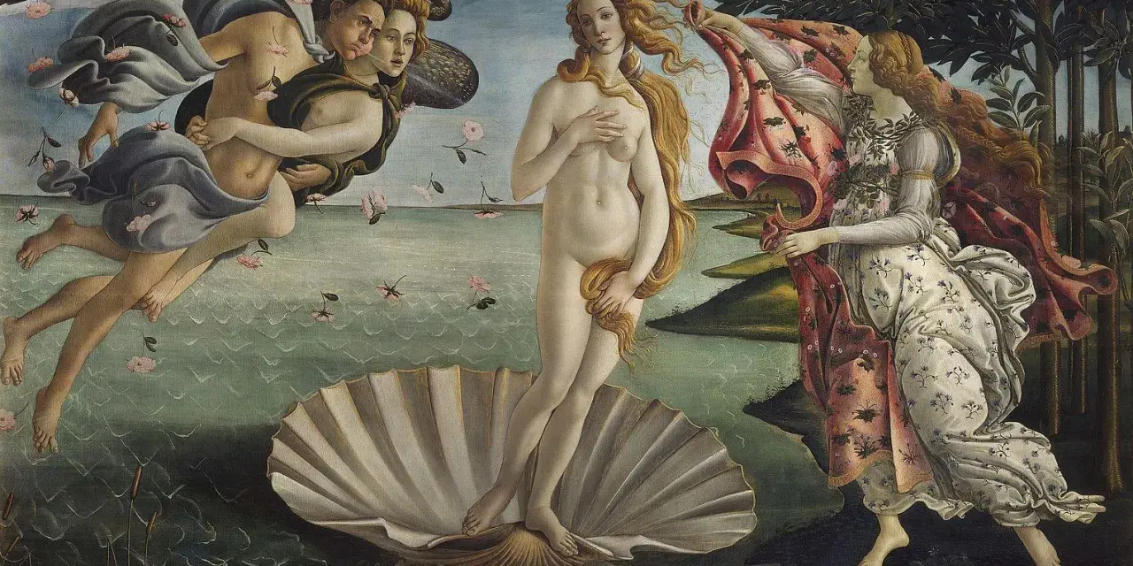 La Naissance de Vénus, ce tableau connu, dépeint la déesse sur une coquille, accueillie par Zéphyr et une Hora.