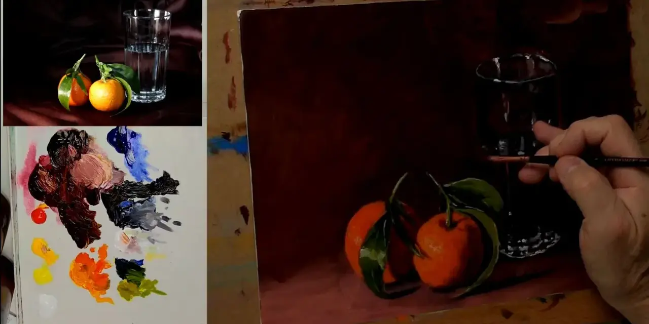 Dessin peinture acrylique : un verre d'eau et des clémentines sur une table, palette de couleurs à gauche.