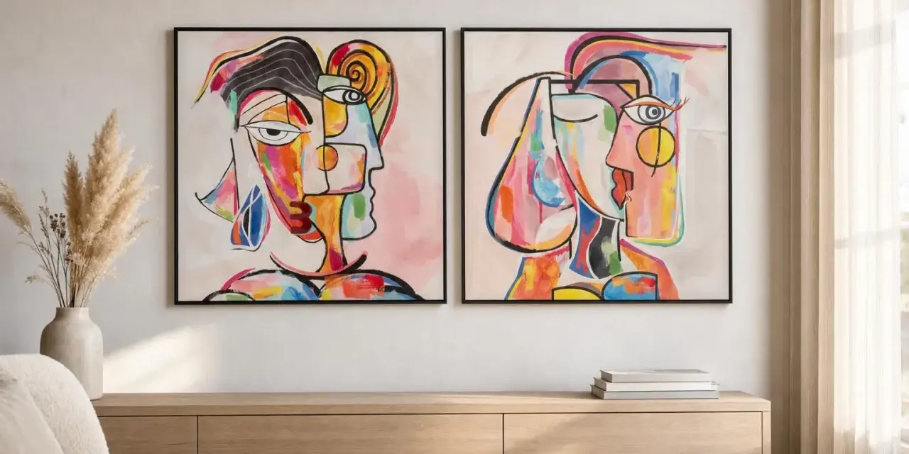 Deux tableaux abstraits multicolores contemporains représentent des visages cubistes aux formes audacieuses et aux couleurs vives.