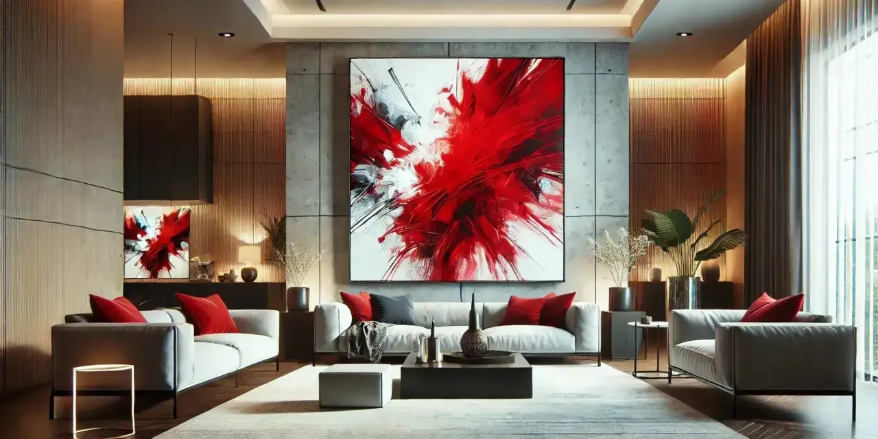 Un salon moderne avec un grand tableau rouge abstrait au-dessus d'un canapé gris. Des coussins rouges accentuent l'ensemble.