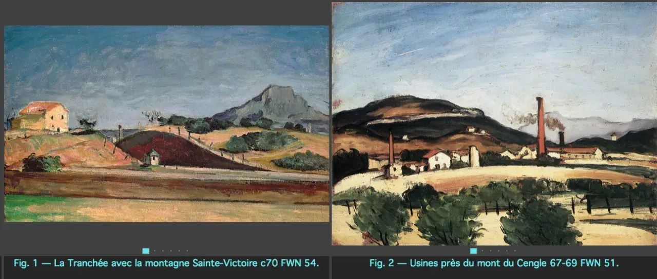Deux tableaux de Cézanne : la montagne Sainte-Victoire vue d'une tranchée et des usines près du mont du Cengle.