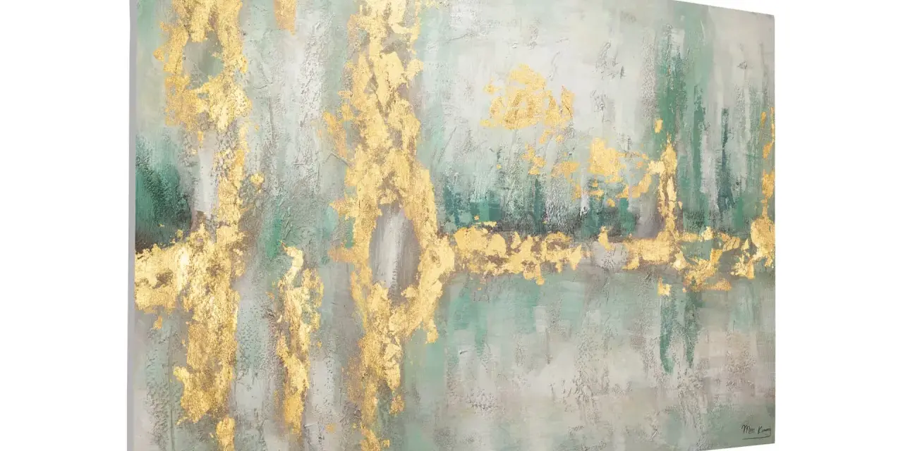Tableau peinture acrylique facile à faire, avec des touches d'or sur fond vert et gris. Une œuvre abstraite qui évoque la nature.