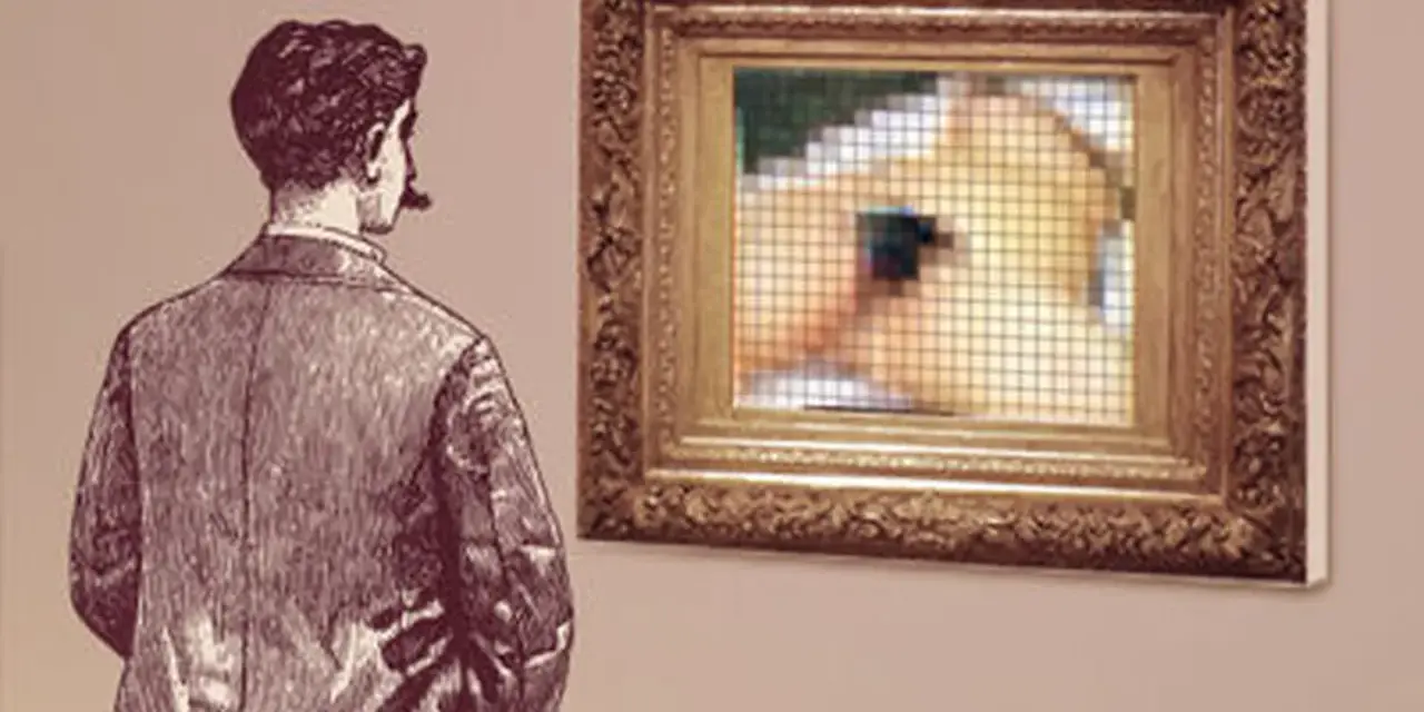 Un homme contemple un tableau pixelisé, une évocation de l'origine du monde.