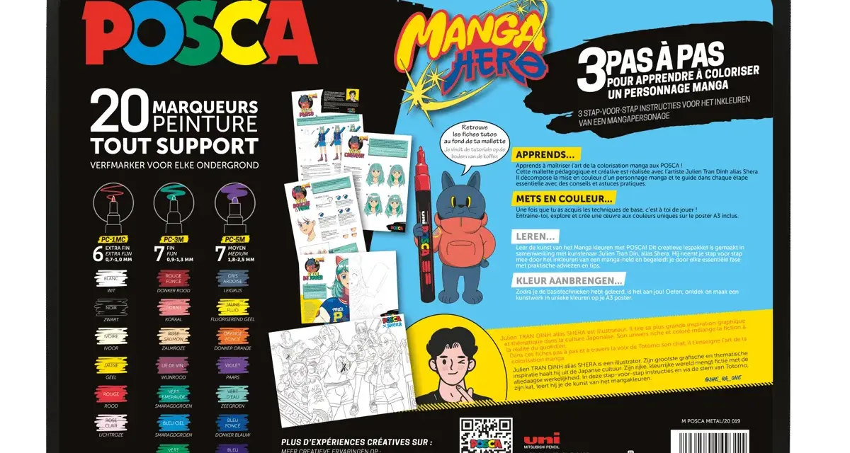 Mallette Posca pour apprendre à coloriser des personnages manga. Contient 20 marqueurs, des fiches tutos et un poster. Posca, c'est quoi ? Des feutres créatifs pour tous supports.