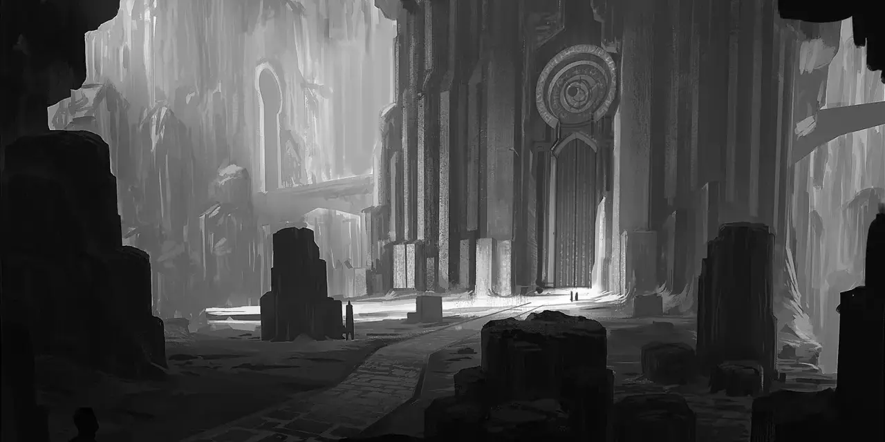 Dessin sur papier noir d'une immense salle ornée de colonnes et d'une porte monumentale. Deux silhouettes s'approchent de l'entrée lumineuse.