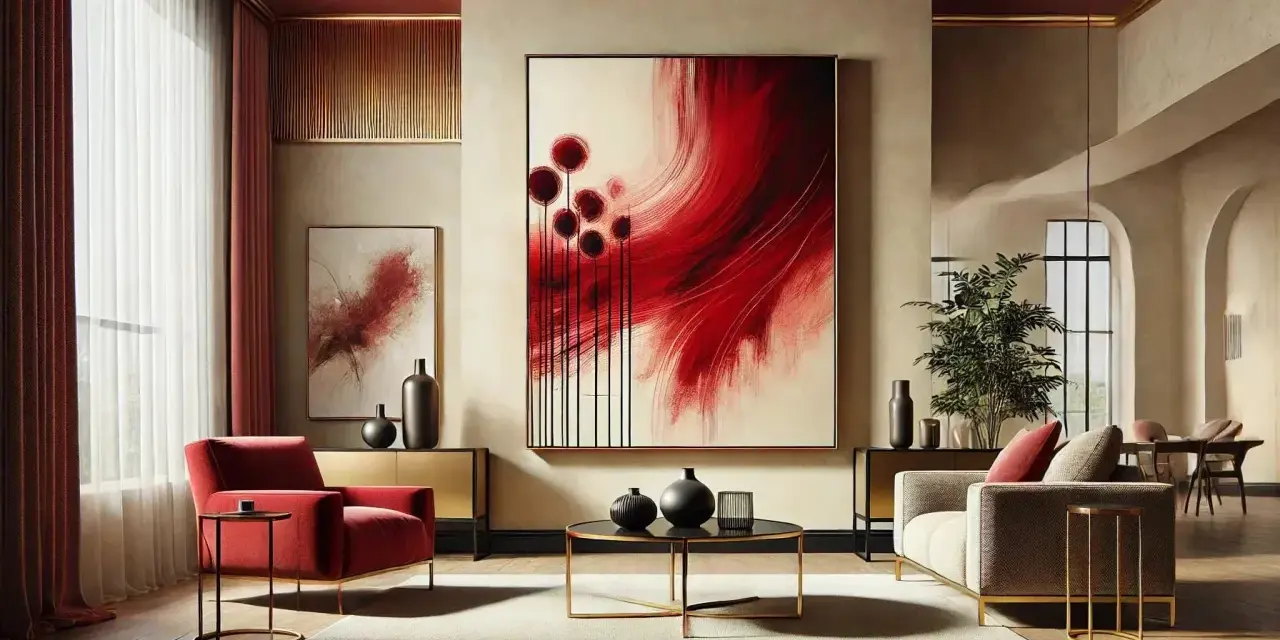 Un salon moderne avec un grand tableau abstrait rouge vibrant, des fauteuils rouges et un canapé beige.