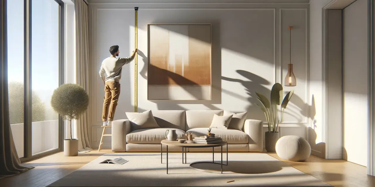 Un homme mesure la hauteur d'un grand tableau beige dans un salon lumineux.