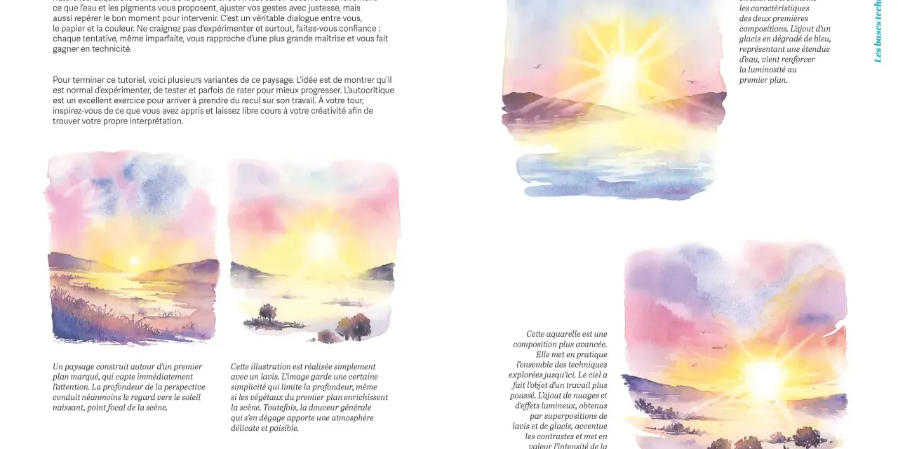 Aquarelle d'un paysage au soleil levant, montrant comment utiliser de l'aquarelle pour capturer la lumière et créer des atmosphères.