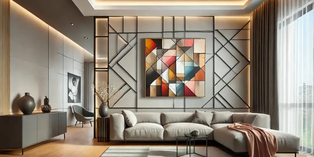 Un salon moderne avec un tableau panoramique abstrait aux formes géométriques colorées, un canapé gris et des lumières d'ambiance.