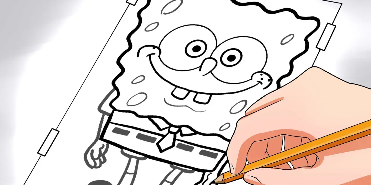 Une main tient un crayon pour apprendre comment décalquer avec du papier calque, traçant un dessin de Bob l'éponge.