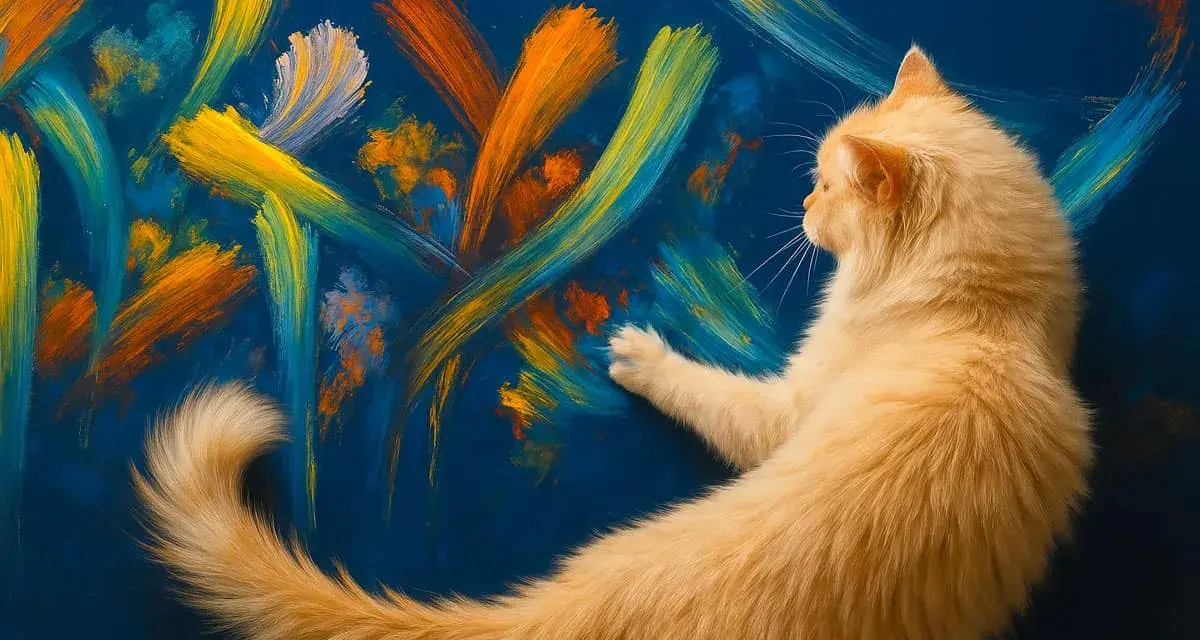 Un chat roux, artiste peintre, touche une toile abstraite aux couleurs vives.