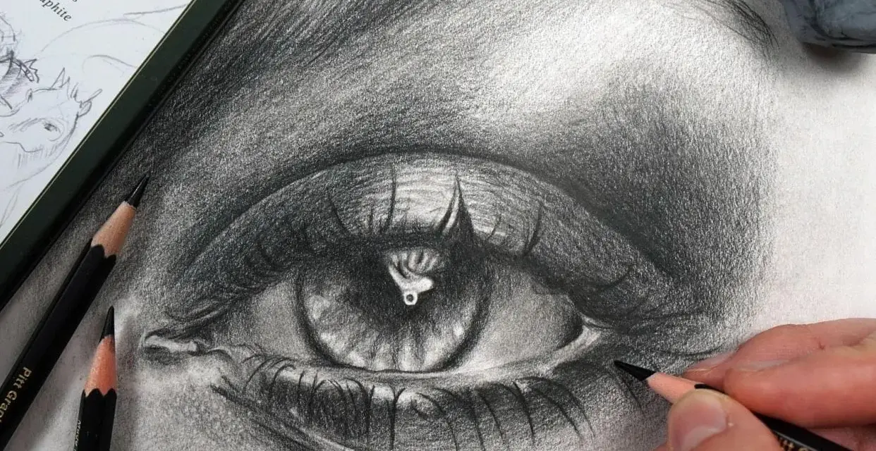 Un dessin d'œil réaliste au crayon graphite, avec des détails saisissants. L'artiste ajoute la touche finale à ce magnifique dessin oeil.