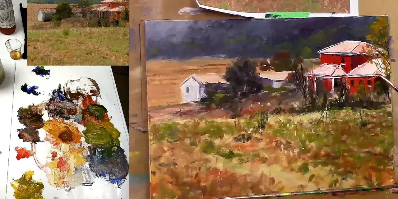 Tableaux de paysages à l'huile : une ferme rouge et une maison blanche dans un champ doré, avec une palette de couleurs vives.