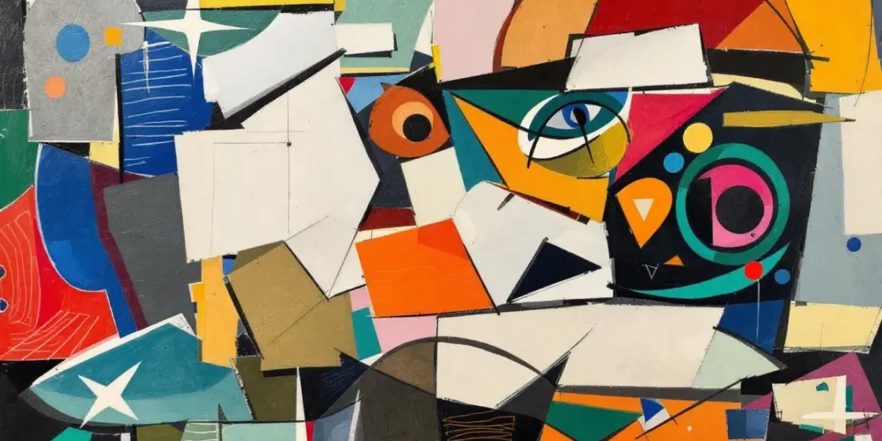 Un tableau Picasso facile, plein de formes géométriques vives et d'un œil bleu perçant.