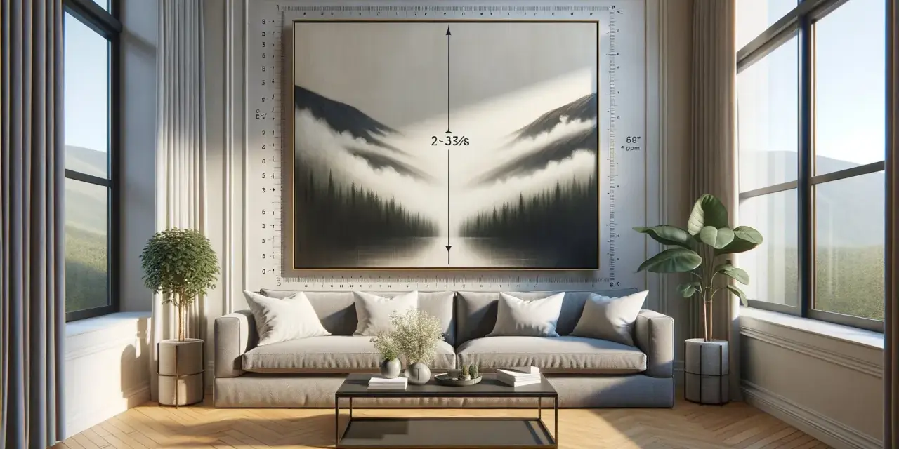 Un tableau sur verre panoramique d'une forêt brumeuse et de montagnes, suspendu au-dessus d'un canapé gris.