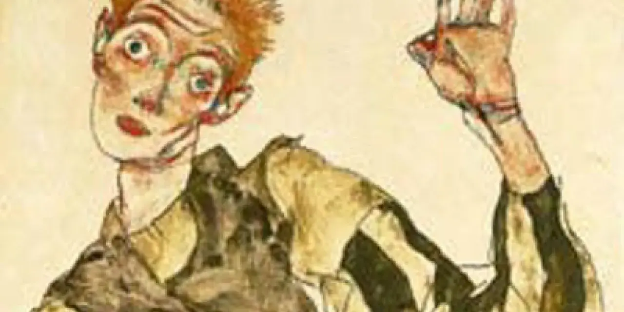 Autoportrait expressif d'Egon Schiele, le regard intense, la main levée dans un geste énigmatique.